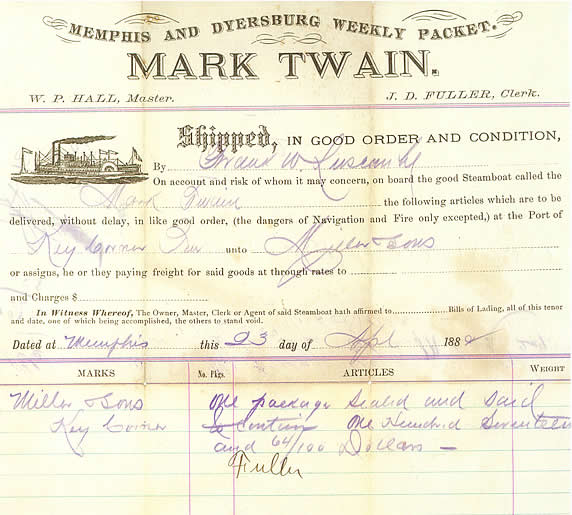 Mark Twain bill of lading