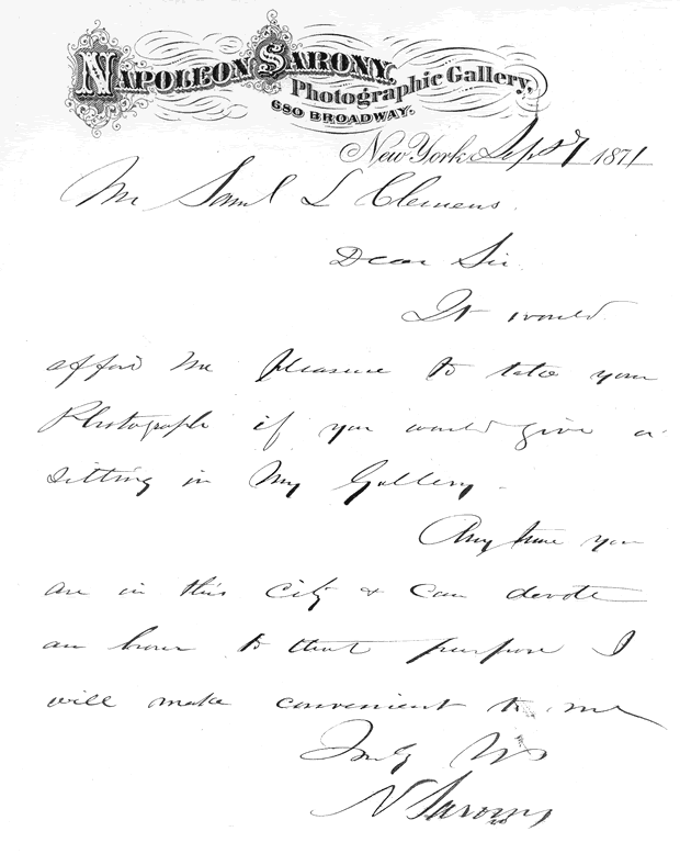 Sarony letter to Mark Twain